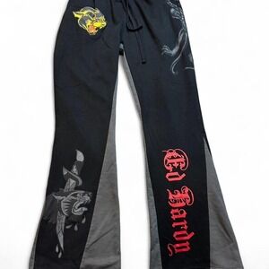 Ed Hardy Joggers Size medium Graphic Tattoo Fleece Black Athletic Sweatpants